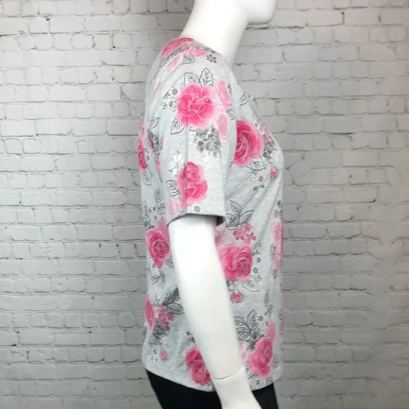 Gray & Pink Rose Print Graphic Tee Plus Size 0X - Picture 4 of 5